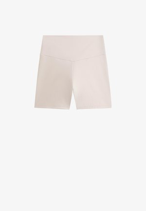 Beige athletic shorts made from soft, stretchy fabric. Features a high waistband and a simple, clean design with no visible patterns.
