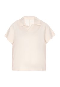 Ljusbeige kortärmad blus med krage, med ett subtilt geometriskt mönster och avslappnad passform. V-ringning med rak fåll.