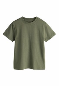 T-shirt verde oliva realizzata in morbido cotone, con maniche corte e scollo rotondo. Tessuto liscio senza motivi o accenti visibili.