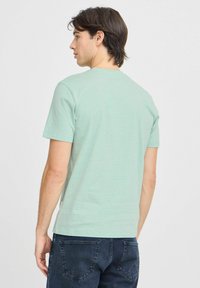 Lys myntgrønn t-skjorte laget av myk stoff, med rund hals og korte ermer. Bach viser et enkelt design med en hem etikett.