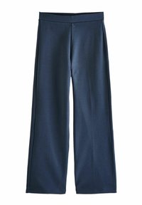 Pantaloni largi, de culoare bleumarin, realizați dintr-un material moale și elastic. Au un brâu elastic neted și linii curate, fără decorațiuni suplimentare.