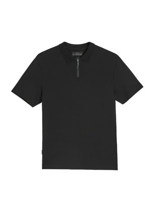 Czarna koszulka polo z krótkim rękawem i zamkiem przy kołnierzyku, wykonana z gładkiego materiału. Minimalistyczny design, bez wzorów i widocznych akcentów.