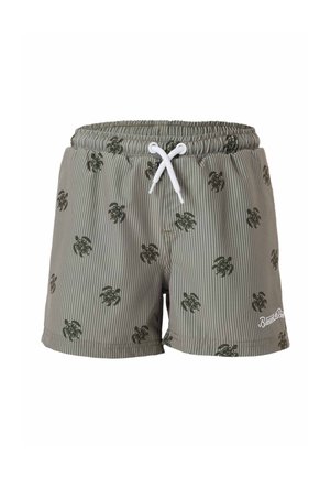 Olivengroene zwemshort met dunne verticale strepen en zwarte schildpaddenprints, met een witte trekkoord en "Bonyto"-logo op de zoom.