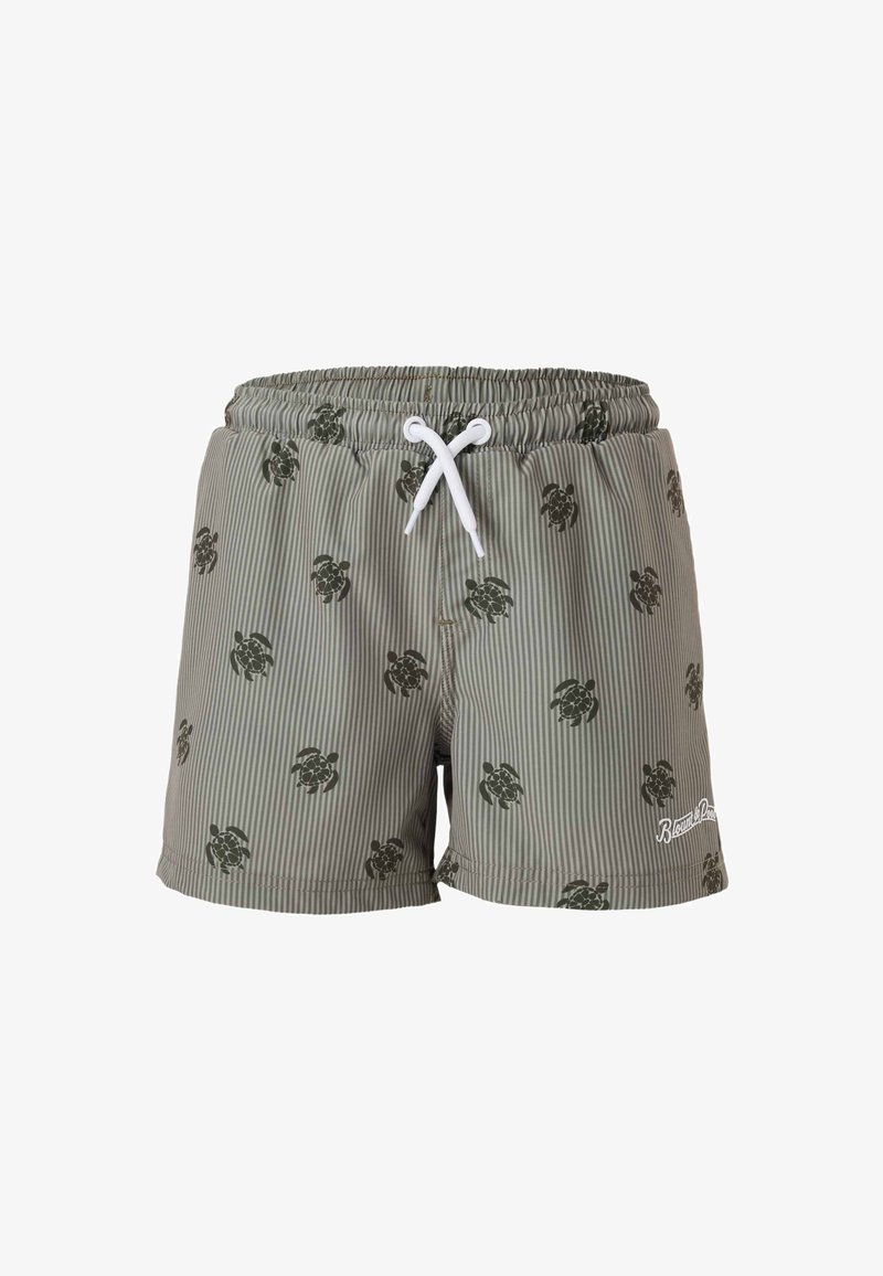 Shorts de bain vert olive avec fines rayures verticales et imprimés tortue noirs, dotés d'un cordon blanc et du logo « Bonyto » sur l'ourlet.