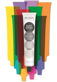 Tube de crème 3-en-1 Revlon en blanc avec un capuchon noir, entouré d'échantillons de couleur translucides et colorés en vert, jaune, violet et orange.