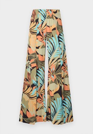 Φαρδιά παντελόνια με τροπικό σχέδιο φύλλων σε αποχρώσεις του τιρκουάζ, πορτοκαλί, ελιάς, μπεζ και μαύρου σε ελαφρύ ύφασμα.