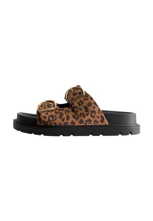 Sandalen mit Leopardenmuster und zwei verstellbaren Schnallen, schwarze Gummisohlen und einem strukturierten Obermaterial. Mit einem klobigen, auffälligen Design.
