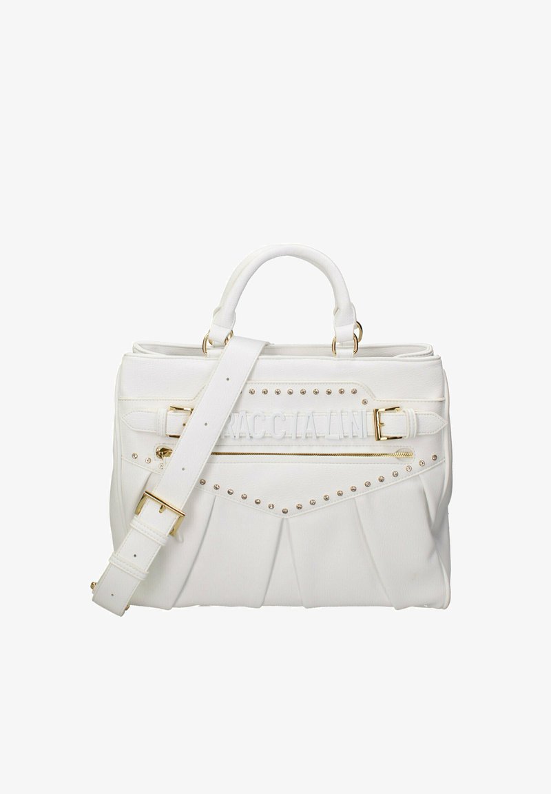 Borsa a tracolla in pelle bianca con hardware dorato, design plissettato, dettagli con borchie e tracolla rimovibile. Presenta una maniglia superiore e chiusura con zip.