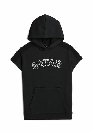 Czarna bluza z kapturem i krótkim rękawem, kieszeń z przodu oraz biały tekst "G-STAR" na piersi.