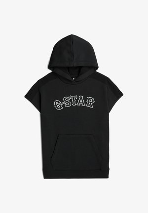 Czarna bluza z kapturem i krótkim rękawem, kieszeń z przodu oraz biały tekst "G-STAR" na piersi.