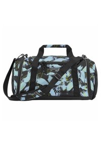 Duffle bag in abstract black, blue, and yellow design. Made of durable fabric with dual handles and an adjustable shoulder strap. Zippered closure.