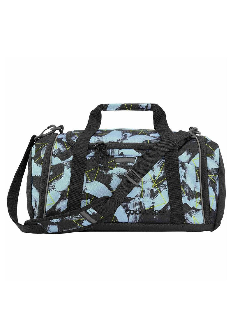 Duffle bag in abstract black, blue, and yellow design. Made of durable fabric with dual handles and an adjustable shoulder strap. Zippered closure.