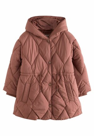 Gequilted pufferjack in stofroze, met een capuchon, grote knopen aan de voorkant, een koord in de taille en zijzakken met ruitvormige stiksels.