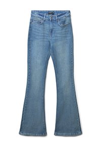 Hellblaue Schlagjeans aus Denim. Verfügt über eine hohe Taille, Front- und Gesäßtaschen sowie sichtbare Nähte entlang der Nähte.