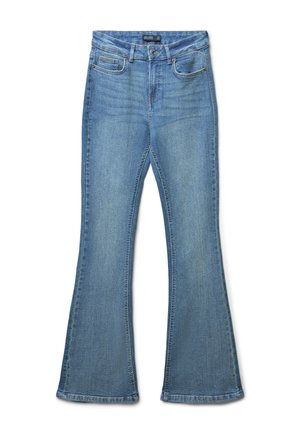 Jeans svasati di colore azzurro chiaro realizzati in denim. Presentano un vita alta, tasche anteriori e posteriori e cuciture visibili lungo le cuciture.