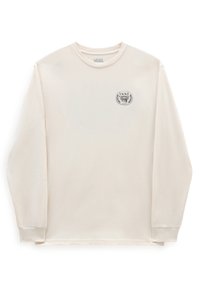 Langärmliges cremefarbiges T-Shirt aus weicher Baumwolle, mit rundem Halsausschnitt und kleinem grauen Vans-Logo auf der Brust. Glatte Stoffoberfläche.