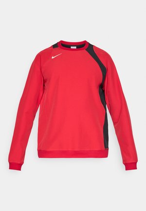 Roter Sportpullover mit langen Ärmeln, schwarzen Seitenpaneelen und weißem Nike-Logo auf der oberen linken Brustseite, Rundhalsausschnitt und gerippten Bündchen.