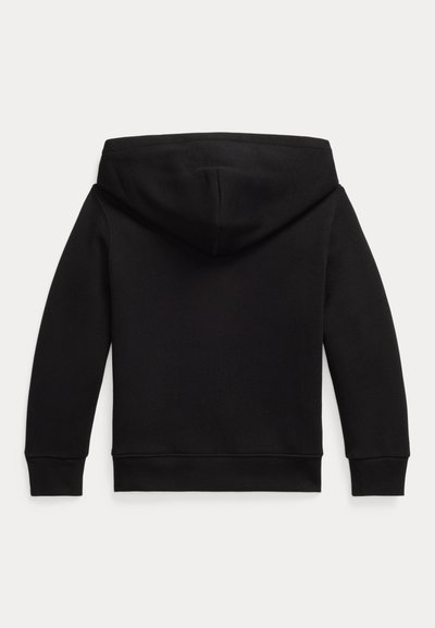 Moletão preto com um tecido texturizado, bolso tipo canguru e capuz com cordão. Apresenta punhos e bainha canelados para um ajuste confortável.