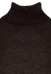 Brauner Rollkragenpullover aus weichem, strukturiertem Strickmaterial. Hoher Kragen und ribbelige Kanten, mit einer einheitlichen Farbe und leichten Variationen.