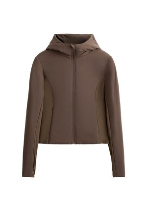 Bruine zip-up hooded jacket met lange mouwen, gekenmerkt door een getailleerd ontwerp, contrasterende zijpanelen en een gladde, textuurrijke stof.