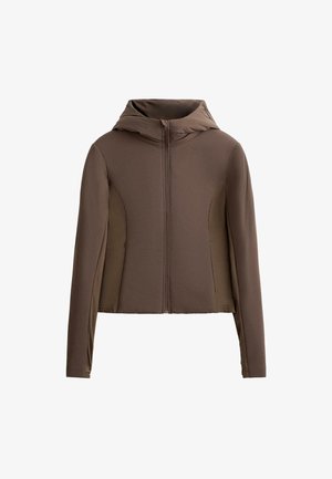 Bruine zip-up hooded jacket met lange mouwen, gekenmerkt door een getailleerd ontwerp, contrasterende zijpanelen en een gladde, textuurrijke stof.