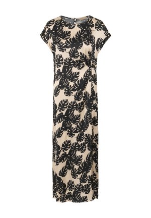 Vestido maxi de tela crema con un gran patrón de hojas negras, mangas cortas y un escote redondo. Presenta un detalle recogido en el lateral.