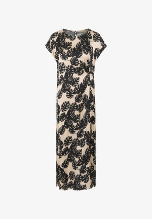 Kreemivärvi maxi kleit, millel on suur must lehe muster, lühikesed varrukad ja ümar kaelus. Omab kokku volditud külgdetaili.