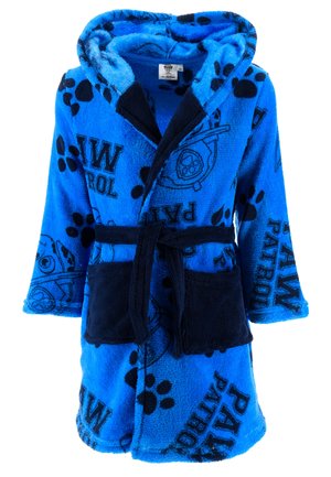 Peignoir de bain en polaire bleu avec capuche, décoré de texte noir "Paw Patrol" et d'un motif de traces de pattes ; comprend deux poches avant et une ceinture en tissu.
