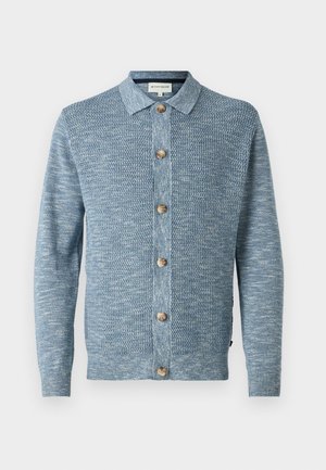 Light blue knitted cardigan with a textured pattern, featuring a button-down front and wooden buttons, long sleeves, and a classic collar.