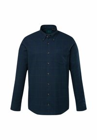 Camisa de manga larga azul marino con un patrón de cuadros verdes, cuello abotonado, bolsillo frontal y detalles en botones marrones. Fabricada con tela suave.
