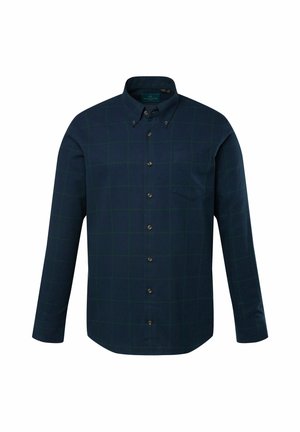 Marineblå langærmet skjorte med grøn rutemønster, knappet krave, brystlomme og brune knapdetaljer. Lavet af blødt stof.