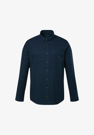 Marineblaues Langarmhemd mit grünem Karomuster, Button-down-Kragen, Brusttasche und braunen Knopfakzenten. Hergestellt aus weichem Stoff.