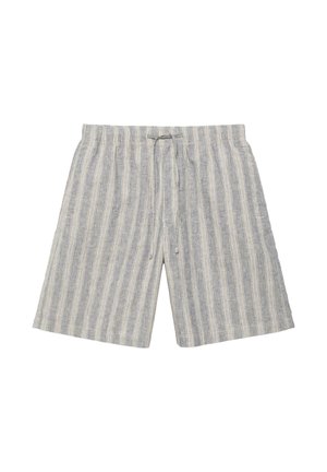 Sive in bele kratke hlače s pokolenskimi črtami, dolge do kolen, z elastičnim pasom in sprednjo vezalko.