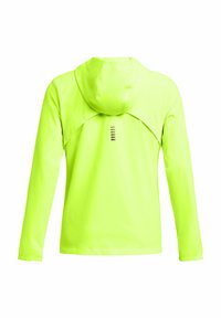 Giacca con cappuccio in un vivace verde neon, con maniche lunghe e design di ventilazione sulla schiena. Include dettagli neri sottili sulla parte posteriore.