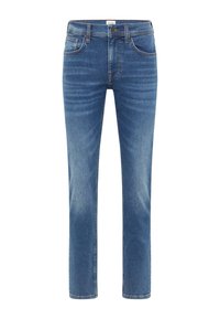Niebieskie dżinsy z prostą nogawką, pięcioma kieszeniami, widocznym stebnowaniem oraz efektem wyblakłości. Trwały materiał o klasycznym kroju.