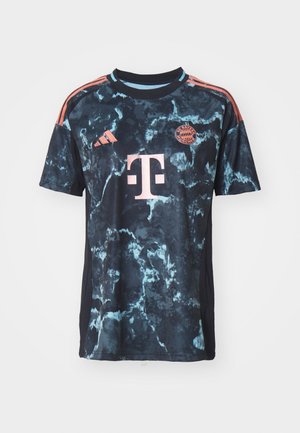 Maglietta a maniche corte nera con un motivo marmorizzato blu e verde, con dettagli arancioni e un logo sul petto. Realizzata in tessuto traspirante.