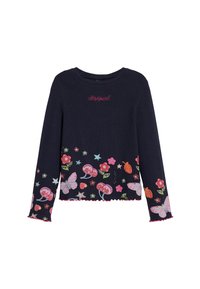 Marineblaues Langarmoberteil mit bunten Blumen- und Schmetterlingsmustern, abgerundet mit einem gewellten Saum und gesticktem "desigual"-Logo in Pink.