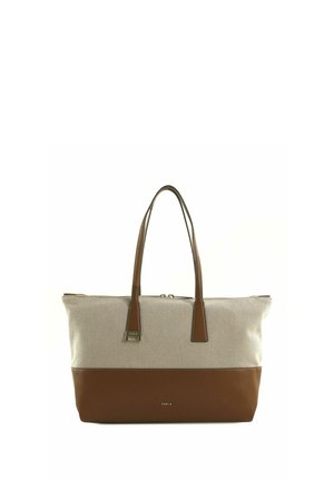 Sac cabas en toile beige et cuir marron avec double poignée et fermeture éclair, logo Furla sur le devant.