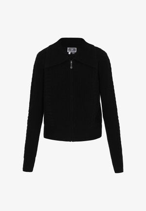 Zwarte zip-up cardigan met een brede kraag, geribbelde textuur, aansluitende snit en een ingewikkeld breipatroon op de mouwen en het lichaam.