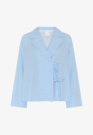 Light blue wrap top featuring a checked pattern, notched collar, and tie closure. Made from a soft fabric with long sleeves.