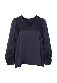 Blouse bleu marine foncé avec col en V et longues manches bouffantes resserrées aux poignets, coupe ample, présentée sur fond blanc.