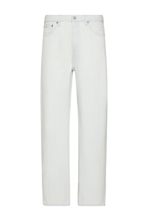Białe jeansy damskie o wysokim stanie i prostych nogawkach, z zapinaniem na guziki i zamek błyskawiczny z przodu, szlufkami na pasek oraz przednimi kieszeniami.