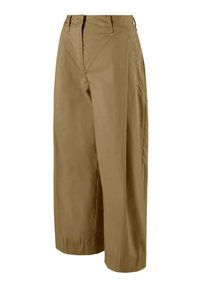 Pantaloni beige con gamba ampia, dal texture morbido, vita alta, tasche frontali e design sartoriale, adatti per un abbigliamento casual o formale.
