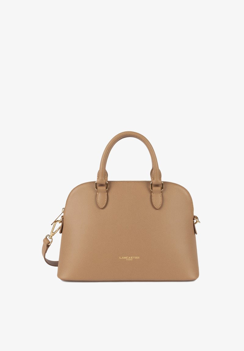 Borsa a tracolla in pelle taupe con manici rotondi doppi, tracolla rimovibile, hardware dorato e logo impresso sul davanti.