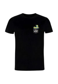 Sort bomulds T-shirt med en lommegrafik, der viser tre grønne alienfigurer og teksten "Pizza Planet" i hvid. Korte ærmer, rund hals.