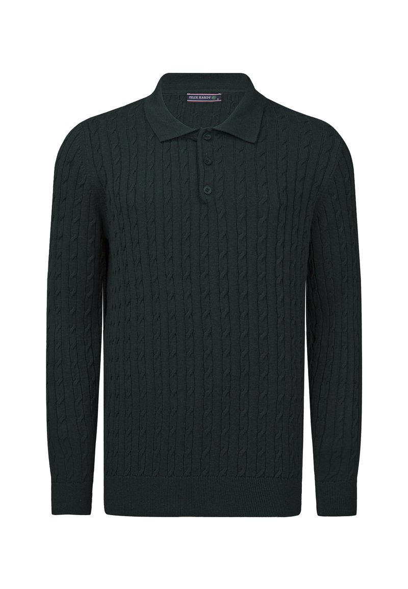 Tume roheline pika varrukaga polo särk, millel on kaablipattern, klassikaline krae ja kolme nööbiga nööpauk. Sujuv tekstuur ja ribaga ääred.