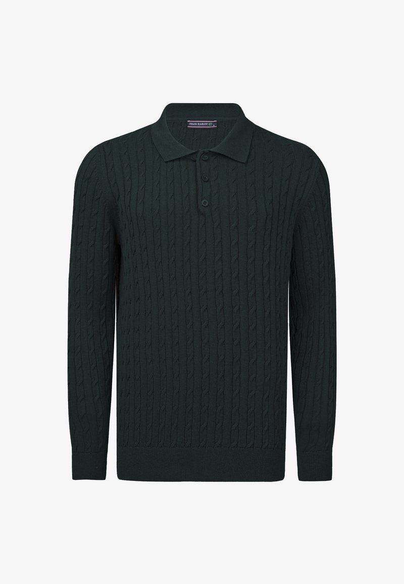 Maglione polo a maniche lunghe verde scuro con motivo a trecce, colletto classico e patta con tre bottoni. Tessuto liscio e polsini a coste.