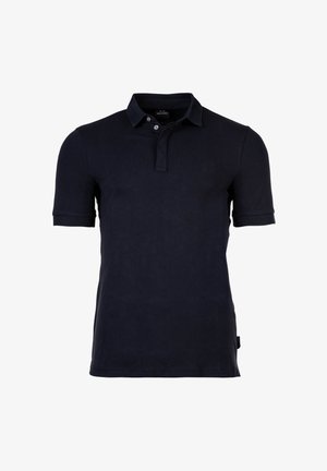 Dunkelblaues Poloshirt aus weicher Baumwolle. Mit klassischem Kragen, drei Knöpfen und einem dezenten Logo auf der Brust. Kurze Ärmel.