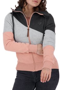 Giacca con cappuccio a zip con un design a blocchi di colore in grigio, rosa e pesca. Realizzata in un tessuto morbido con polsini a coste e un dettaglio con logo a forma di cuore.
