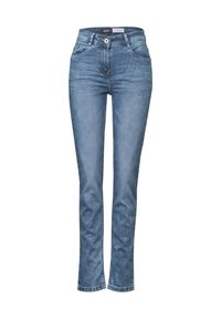 Jasnoniebieskie, proste dżinsy wykonane z denimu. Cechy to zapięcie na guzik, paski do paska oraz minimalne wyblaknięcia z czystym dołem.